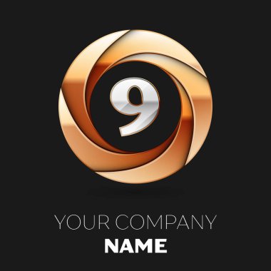 Gerçekçi gümüş Number Nine logo sembol siyah zemin üzerine altın renkli daire şeklinde. Tasarımınız için vektör şablonu