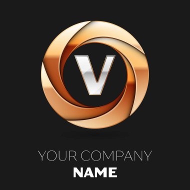 Gerçekçi gümüş harf V logo sembol siyah zemin üzerine altın renkli daire şeklinde. Tasarımınız için vektör şablonu