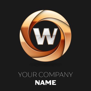 Gerçekçi gümüş harf W logo sembol siyah zemin üzerine altın renkli daire şeklinde. Tasarımınız için vektör şablonu