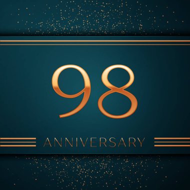 Gerçekçi doksan sekiz yıl yıldönümü kutlamaları tasarım afiş. Altın sayı ve yeşil zemin üzerine konfeti. Doğum günü partin için renkli vektör şablon öğeleri