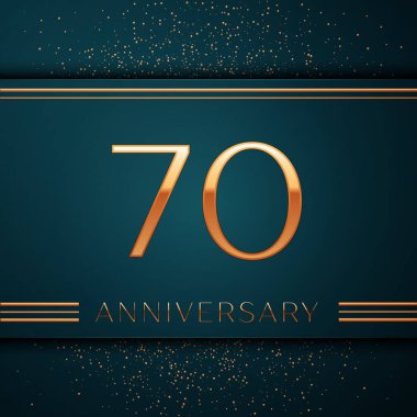 Gerçekçi yetmiş yıl yıldönümü kutlamaları tasarım afiş. Altın sayı ve yeşil zemin üzerine konfeti. Doğum günü partin için renkli vektör şablon öğeleri