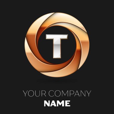Gerçekçi gümüş mektup T logo sembol siyah zemin üzerine altın renkli daire şeklinde. Tasarımınız için vektör şablonu
