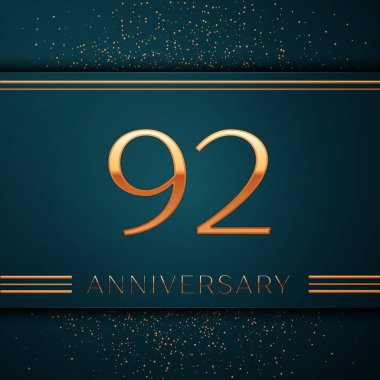 Gerçekçi doksan iki yıl yıldönümü kutlamaları tasarım afiş. Altın sayı ve yeşil zemin üzerine konfeti. Doğum günü partin için renkli vektör şablon öğeleri