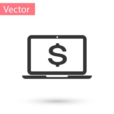 Beyaz arka plan üzerinde izole Doları sembol simge ile gri Laptop. Online alışveriş kavramı. Ekonomi kavramı. Vektör çizim