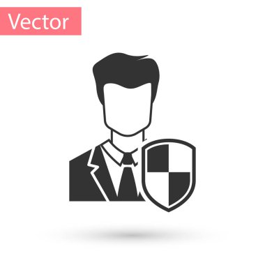 Gri kullanıcı koruma simgesi beyaz arka plan üzerinde izole. Güvenli oturum açma adı, parola korumalı, kişisel verilerin korunması, kimlik doğrulama simgesi. Vektör çizim