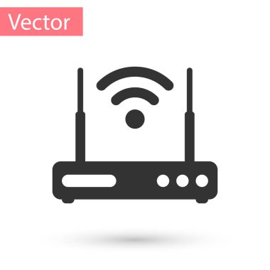 Beyaz arka plan üzerinde izole gri yönlendirici ve kablosuz sinyal sembol simge. Kablosuz ethernet modem router. Bilgisayar teknolojisi Internet. Vektör çizim