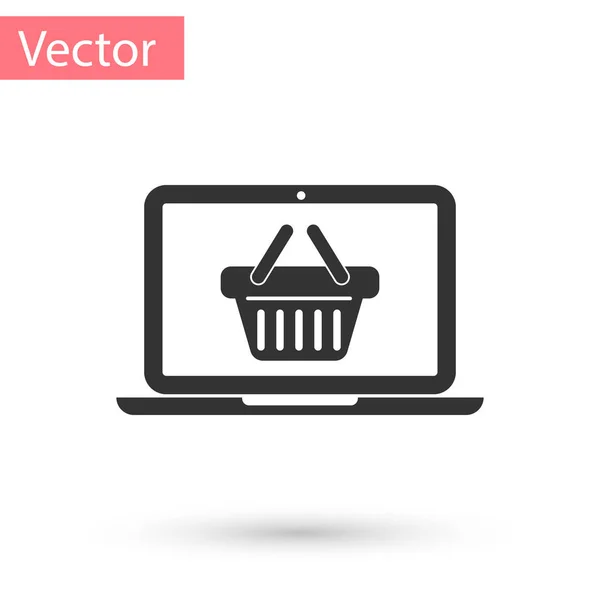 Šedý nákupní košík na obrazovce notebook ikona izolované na bílém pozadí. Koncepce e-commerce, e-business, on-line business marketing. Vektorová ilustrace — Stockový vektor