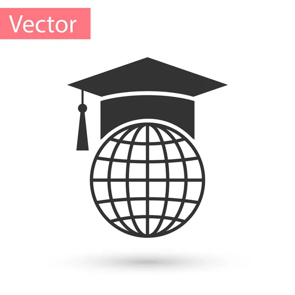 Gorra de graduación gris en el icono del globo aislado sobre fondo blanco. Símbolo de educación mundial. Concepto de aprendizaje en línea o aprendizaje electrónico. Ilustración vectorial — Vector de stock