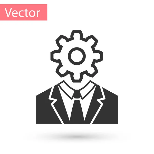 Cabeça humana cinza com engrenagem dentro ícone isolado no fundo branco. Inteligência artificial. A pensar no sinal do cérebro. Trabalho simbólico do cérebro. Ilustração vetorial — Vetor de Stock