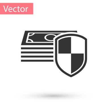 Beyaz arka plan gri para koruma simgesi. Finansal güvenlik, banka hesabı koruması, sahtekarlık önleme, güvenli para hareket, güvenli ödeme. Vektör çizim