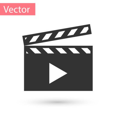 Grey film clapper simgesi beyaz arka plan üzerinde izole. Film clapper kurulu simgesi. Klaket işareti. Sinema üretim veya medya sanayi kavramı. Vektör çizim