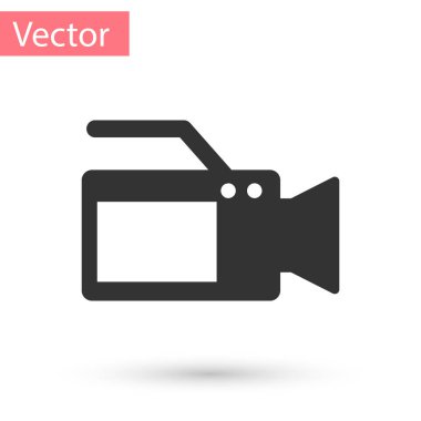 Beyaz arkaplanda izole edilmiş gri sinema kamera ikonu. Video kamera. Film tabelası. Film projektörü. Vektör İllüstrasyonu