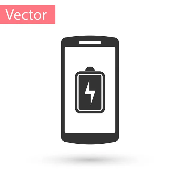 Graues Smartphone-Ladesymbol isoliert auf weißem Hintergrund. Telefon mit einer niedrigen Akkuladung. Vektorillustration — Stockvektor