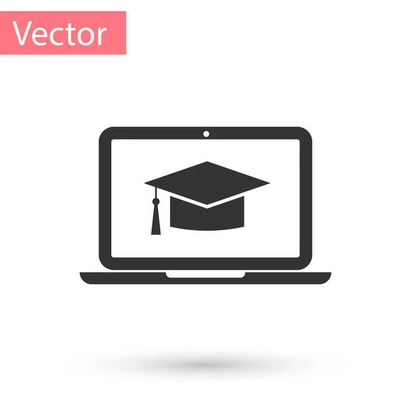 Graue Graduierungskappe auf dem Bildschirm Laptop-Symbol isoliert auf weißem Hintergrund. Online-Lernen oder E-Learning-Konzept. Vektorillustration — Stockvektor