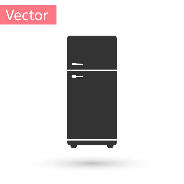 Ícone cinzento do refrigerador isolado no fundo branco. Frigorífico congelador geladeira. Tecnologia doméstica e electrodomésticos. Ilustração vetorial — Vetor de Stock