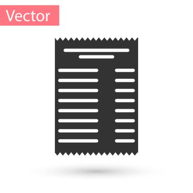 Gri kağıt kontrolü ve mali kontrol simgesi beyaz arka planda izole edildi. Kağıt baskı çeki, makbuz ya da fatura. Vektör İllüstrasyonu