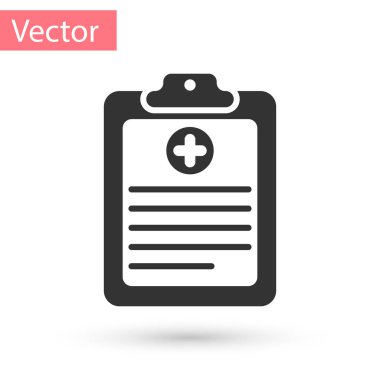 Gri tıbbi pano ile klinik kayıt simgesi beyaz arka plan üzerinde izole. Sağlık sigorta formu. Belge: klinik kayıt, reçete, tıbbi onay işaretleri rapor. Vektör çizim