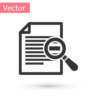 Beyaz arkaplanda arama simgesine sahip gri belge. Dosya ve büyüteç simgesi. Analitik araştırma işareti. Vektör İllüstrasyonu
