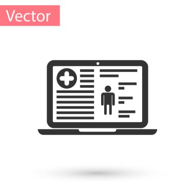 Beyaz arka plan üzerinde izole dizüstü bilgisayar simgesinin ekranda gri tıbbi klinik kayıt. Sağlık sigorta formu. Belge: klinik kayıt, reçete, tıbbi onay işaretleri rapor. Vektör çizim