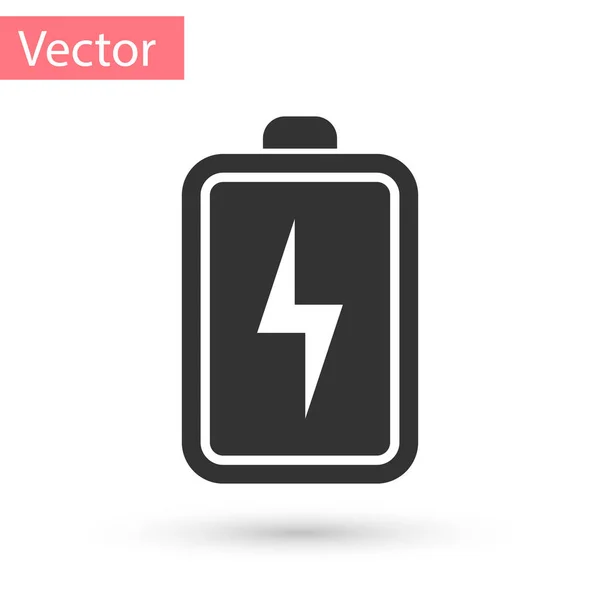 Иконка серого аккумулятора выделена на белом фоне. Символ молнии. Векторная миграция — стоковый вектор