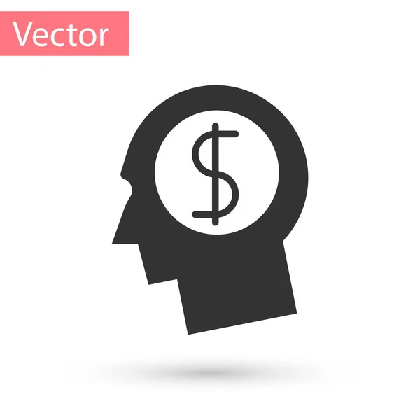 Homme d'affaires gris planification icône de l'esprit isolé sur fond blanc. Tête humaine avec symbole dollar. Idée de gagner de l'argent. Concept de croissance des investissements des entreprises. Illustration vectorielle — Image vectorielle