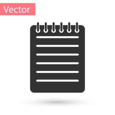 Beyaz arka plan üzerinde izole gri not defteri simgesi. Spiral not defteri simgesi. Öğrenci yarıyıl not defteri. Yazı defteri. Günlük iş için. Defter kapak tasarımı. Ofis Kırtasiye öğeleri. Vektör çizim