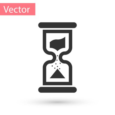 Gri eski akan kum saati simgesi beyaz arka plan üzerinde izole kum. Kum saati işareti. İş ve zaman yönetimi kavramı. Vektör çizim