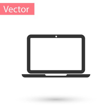 Gri dizüstü bilgisayar simgesi beyaz arkaplanda izole edildi. Boş ekran işaretli bilgisayar defteri. Vektör İllüstrasyonu