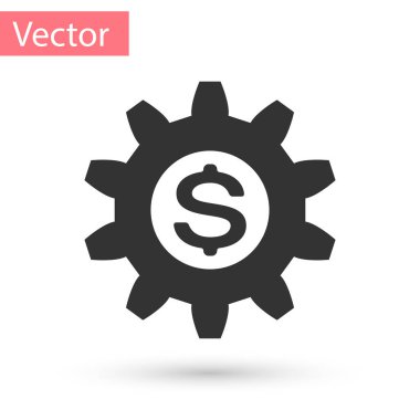 Beyaz arka plan üzerinde izole Doları sembol simge ile gri dişli. İş ve Finans kavramsal simgesi. Vektör çizim