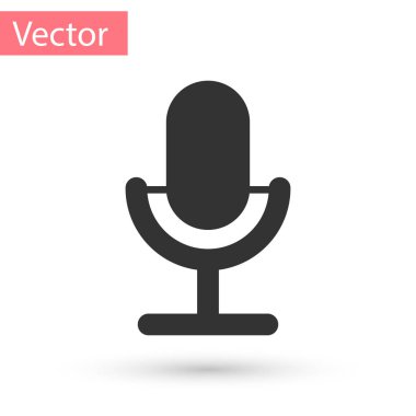 Beyaz arka planda gri mikrofon simgesi izole edildi. Radyodaki mikrofondan. Sözcü işareti. Vektör İllüstrasyonu