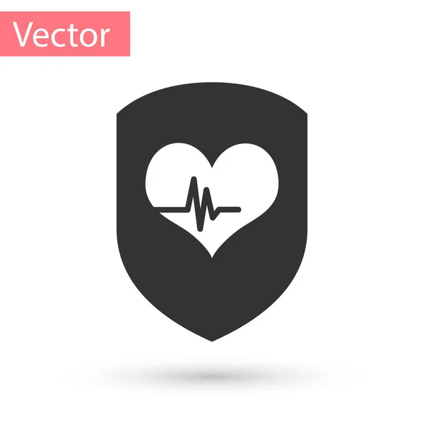 Серый щит и значок сердечного ритма выделены на белом фоне. Концепция охраны здоровья. Здравоохранение Векторная миграция — стоковый вектор
