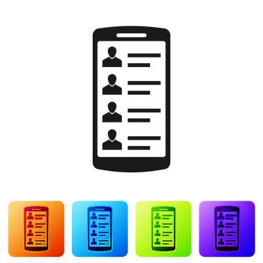 Siyah beyaz arka plan üzerinde izole ekran simgesini kişilerle Smartphone. Gelen arama. İnsanlar telefon ekranında. Kişiyi ara. Simge renk kare düğmeleri ayarlayın. Vektör çizim