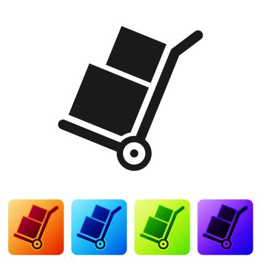 Beyaz arka plan üzerinde izole kara el kamyon ve kutuları simge. Dolly sembolü. Simge renk kare düğmeleri ayarlayın. Vektör çizim