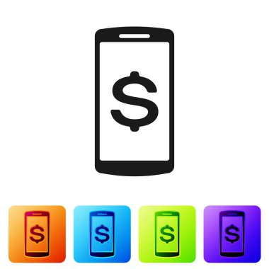 Siyah beyaz arka plan üzerinde izole Doları sembol simge ile akıllı telefon. Online alışveriş kavramı. Mali hareket eden telefon simgesi. Online ödeme simgesi. Simge renk kare düğmeleri ayarlayın. Vektör çizim
