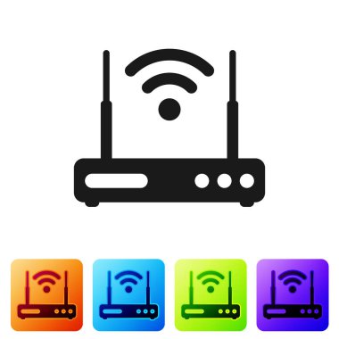 Beyaz arka plan üzerinde izole siyah yönlendirici ve kablosuz sinyal sembol simge. Kablosuz ethernet modem router. Bilgisayar teknolojisi Internet. Simge renk kare düğmeleri ayarlayın. Vektör çizim