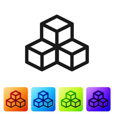 Beyaz arka plan üzerinde izole siyah izometrik küp simgesini tıklatın. Geometrik küpleri katı simgesi. 3D kare işareti. Kutu simgesi. Simge renk kare düğmeleri ayarlayın. Vektör çizim