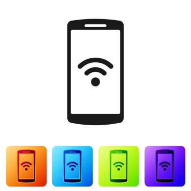 Ücretsiz wi-fi Kablosuz bağlantı simgesi beyaz arka planda siyah Smartphone. Kablosuz teknoloji, kablosuz internet bağlantısı, kablosuz ağ, hotspot kavramları. Renkli kare düğmeler. Vektör çizim