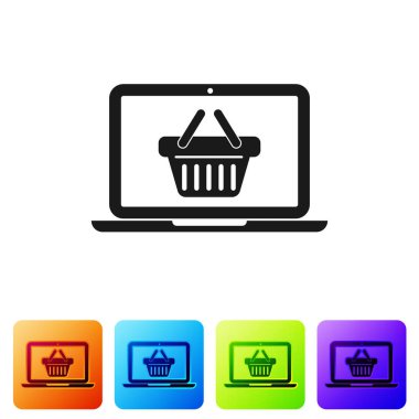 Siyah alışveriş sepeti ekran dizüstü bilgisayar simgesini beyaz arka plan üzerinde izole. Konsept e-ticaret, e-iş, online iş pazarlama. Simge renk kare düğmeleri ayarlayın. Vektör çizim