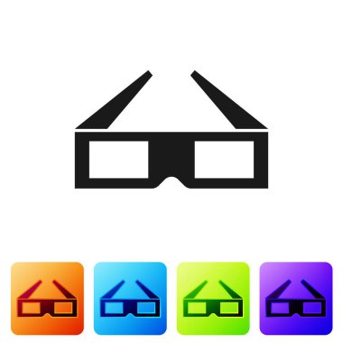 Beyaz arka plan üzerinde izole 3d sinema gözlük simgesi siyah. Simge renk kare düğmeleri ayarlayın. Vektör çizim
