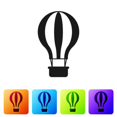 Beyaz arka plan üzerinde izole siyah sıcak hava balonu simgesini tıklatın. Hava taşımacılığı için seyahat etmek. Simge renk kare düğmeleri ayarlayın. Vektör çizim