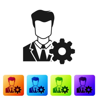 Beyaz arka planda siyah profil ayarları simgesi. Kullanıcı ayarı simgesi. Profil Avatar karikatür işareti ile. Hesap simgesi. Erkek kişi siluet. Simge renk kare düğmeleri ayarlayın. Vektör çizim