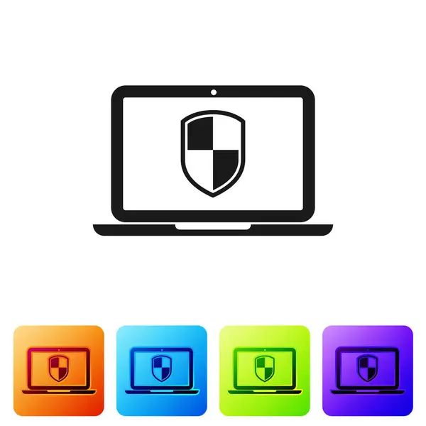 Laptop negro protegido con icono de símbolo de escudo sobre fondo blanco. Concepto de seguridad en Internet. Seguridad de PC, tecnología de firewall, seguridad de privacidad. Establecer icono en los botones cuadrados de color. Ilustración vectorial — Archivo Imágenes Vectoriales