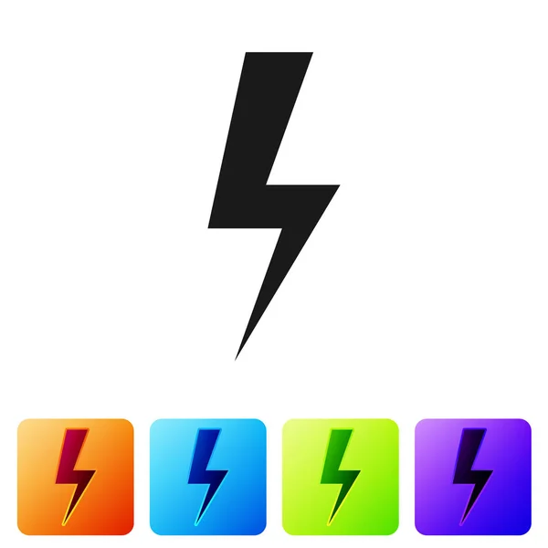 Pictogram met de bliksemflits zwart geïsoleerd op een witte achtergrond. Pictogram van de flits. Gratis flash pictogram. Thunder bout. Verlichting staking. Het vastgestelde pictogram in vierkante knoppen in kleur. Vectorillustratie — Stockvector