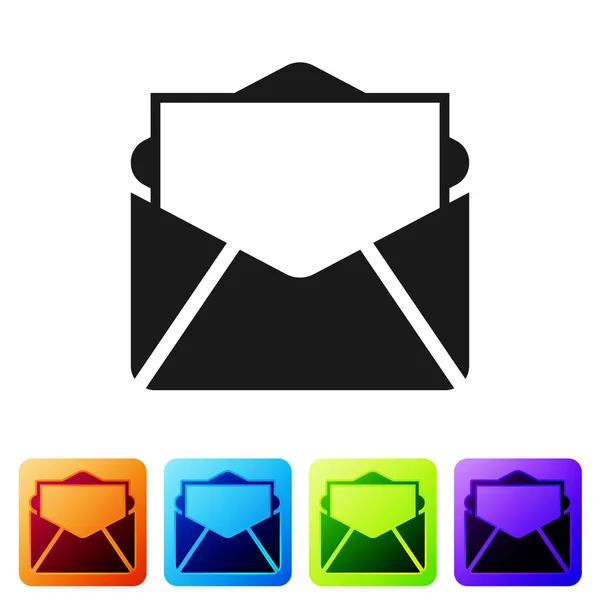 Zwarte Mail e-pictogram en geïsoleerd op een witte achtergrond. Envelop symbool e-mail. E-mail bericht teken. Het vastgestelde pictogram in vierkante knoppen in kleur. Vectorillustratie — Stockvector