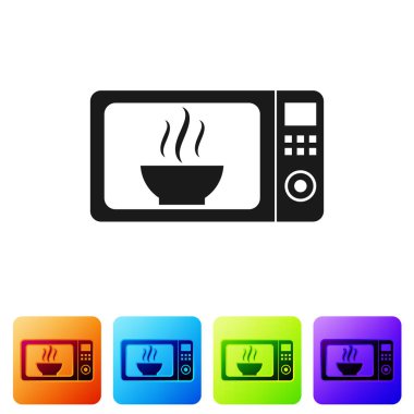 Siyah mikrodalga fırın simgesi beyaz arka plan üzerinde izole. Ev aletleri simgesi. Simge renk kare düğmeleri ayarlayın. Vektör çizim