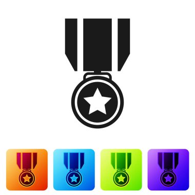 Yıldız simgesi beyaz arka plan üzerinde izole ile siyah madalya. Galibi başarı işareti. Ödül madalya. Simge renk kare düğmeleri ayarlayın. Vektör çizim