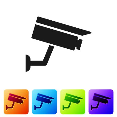 Siyah güvenlik kamera simgesi beyaz arka plan üzerinde izole. Simge renk kare düğmeleri ayarlayın. Vektör çizim