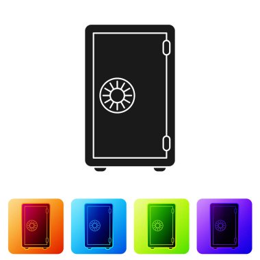 Siyah güvenli simgesi beyaz arka plan üzerinde izole. Kapı Kasa banka tonoz ile bir şifreli kilit. Güvenilir veri koruması. Simge renk kare düğmeleri ayarlayın. Vektör çizim