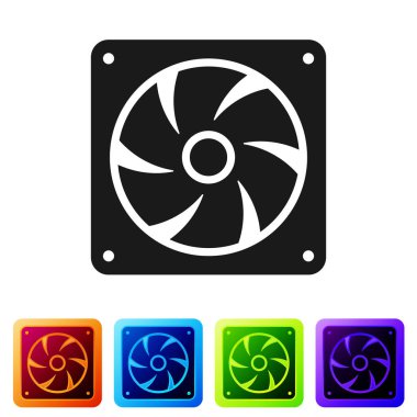 Beyaz arka plan üzerinde izole siyah bilgisayar soğutucu kutsal kişilerin resmi. PC donanım fan. Simge renk kare düğmeleri ayarlayın. Vektör çizim