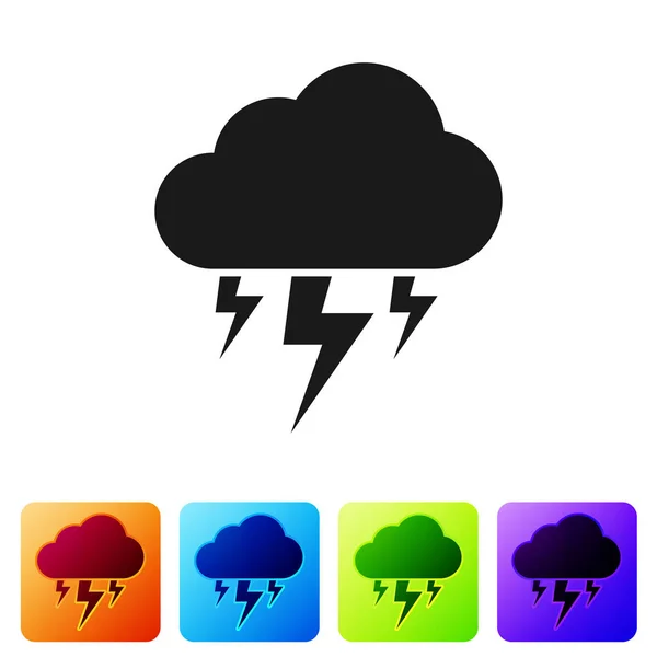 Icono de tormenta negra aislado sobre fondo blanco. Nube y relámpago. Icono del tiempo de tormenta. Establecer icono en los botones cuadrados de color. Ilustración vectorial — Vector de stock